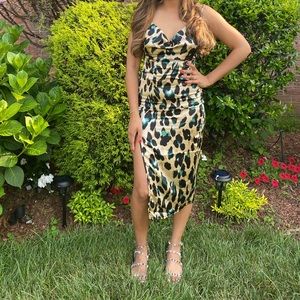 Cowl neck cheetah satin dress